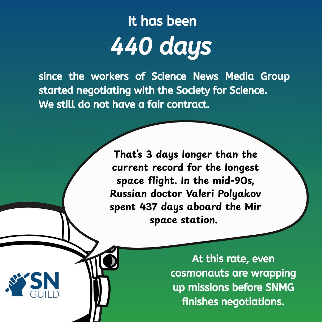 snmediaguild's tweet image. SNMG Fair Contract Status: t +440 days:

It&apos;s been 440 days since we started negotiations with the @Society4Science. We still do not have a contract.

Want to help our mission? Sign our petition pinned to this account. 

#faircontractnow #supportworkers