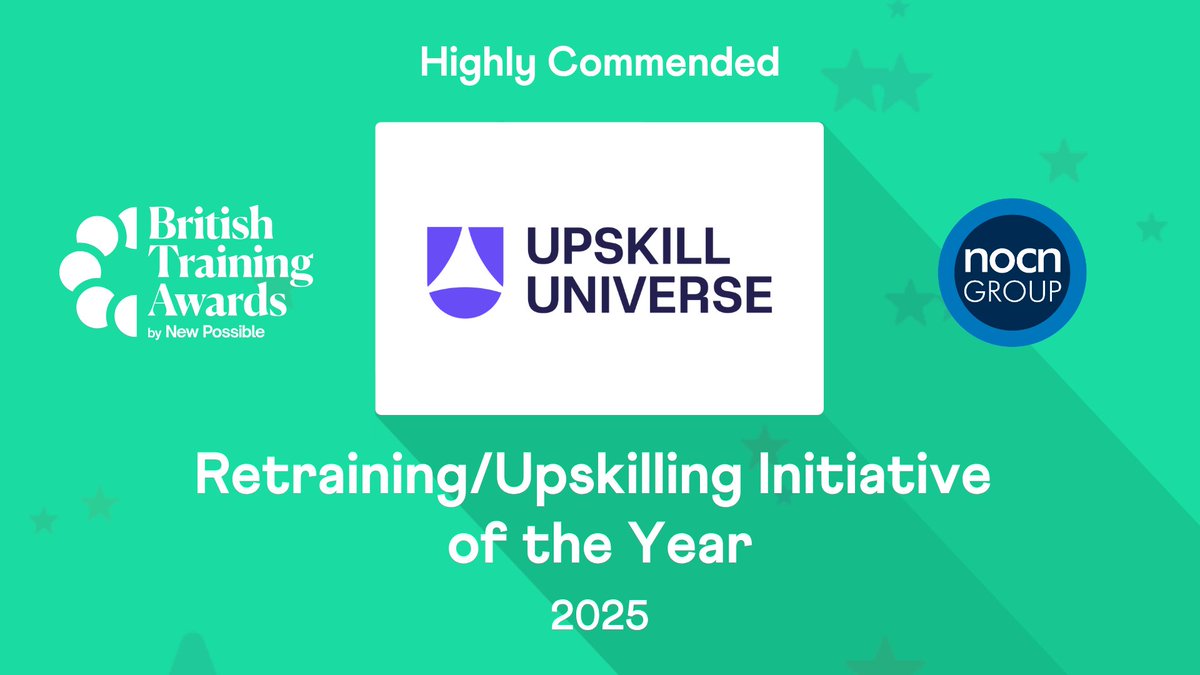 BritTrainAwards's tweet image. Congratulations to @UpSkillUniverse who achieve Highly Commended in the ‘Retraining/Upskilling Initiative of the Year’ category sponsored by @NOCNGroup! #Training #Awards #Learning #Development