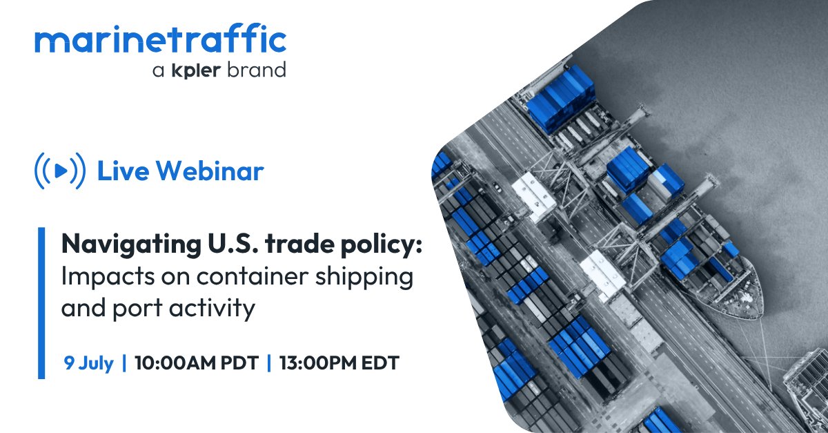 MarineTraffic's tweet image. Join MarineTraffic experts for a live session packed with real-time data and insight into how global trade disruptions are impacting the shipping landscape. Key topics include:

✔️ How are recent U.S. trade policies affecting global container traffic and port congestion?
✔️ Has…