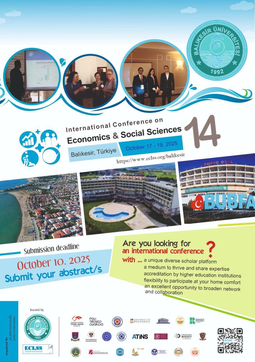 Dear Colleagues

We kindly invite you the 14th Eurasian Conference on Economy and Social Sciences in Balikesir University, Burhaniye Faculty of Applied Sciences, Türkiye on October 17-19, 2025.
The Conference is Onsite and Online. 

Hope to meet you there

Best regards, #congress