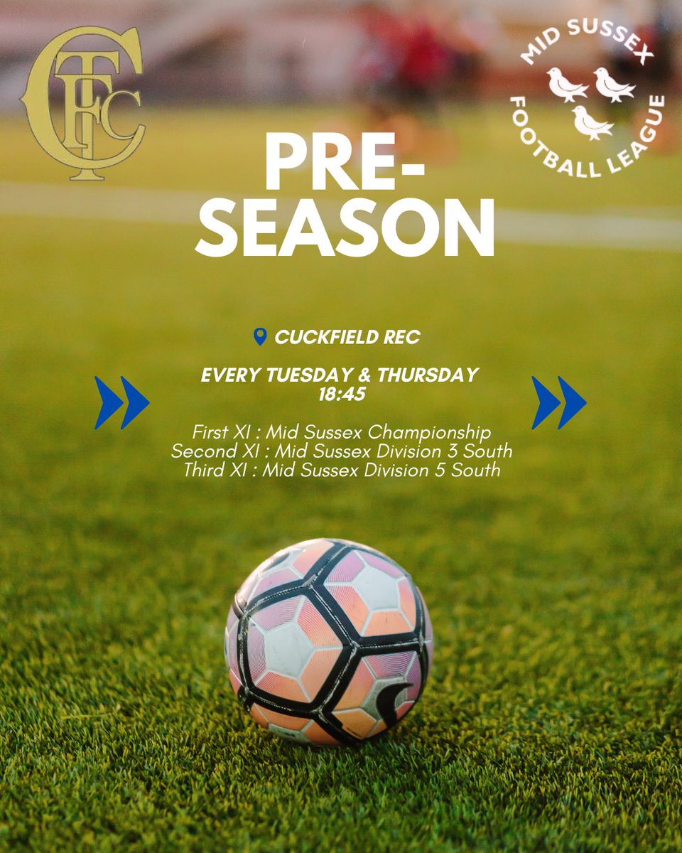⚽ PRE-SEASON IS HERE!

Join us at Cuckfield Rec every Tuesday &amp; Thursday at 6:45pm 💪

All squads training:
1st XI | 2nd XI | 3rd XI

Let’s build for a big season! 🔥

#CuckfieldTownFC #PreSeason #MidSussex