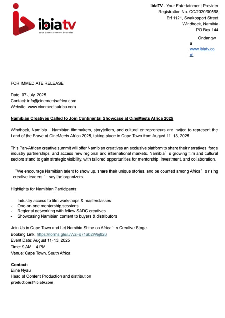 🎥 Namibian creatives, your spotlight awaits! 🌍🇳🇦

Join CineMeets Africa 2025 in Cape Town this August and showcase your stories on a continental stage! 🎬✨
📅 Aug 11–13 | 🕘 9AM–4PM
🔗 Register now: forms.gle/iJWzFq71ab2Wej…
#CineMeetsAfrica #NamibiaToTheWorld #AfricanCreatives