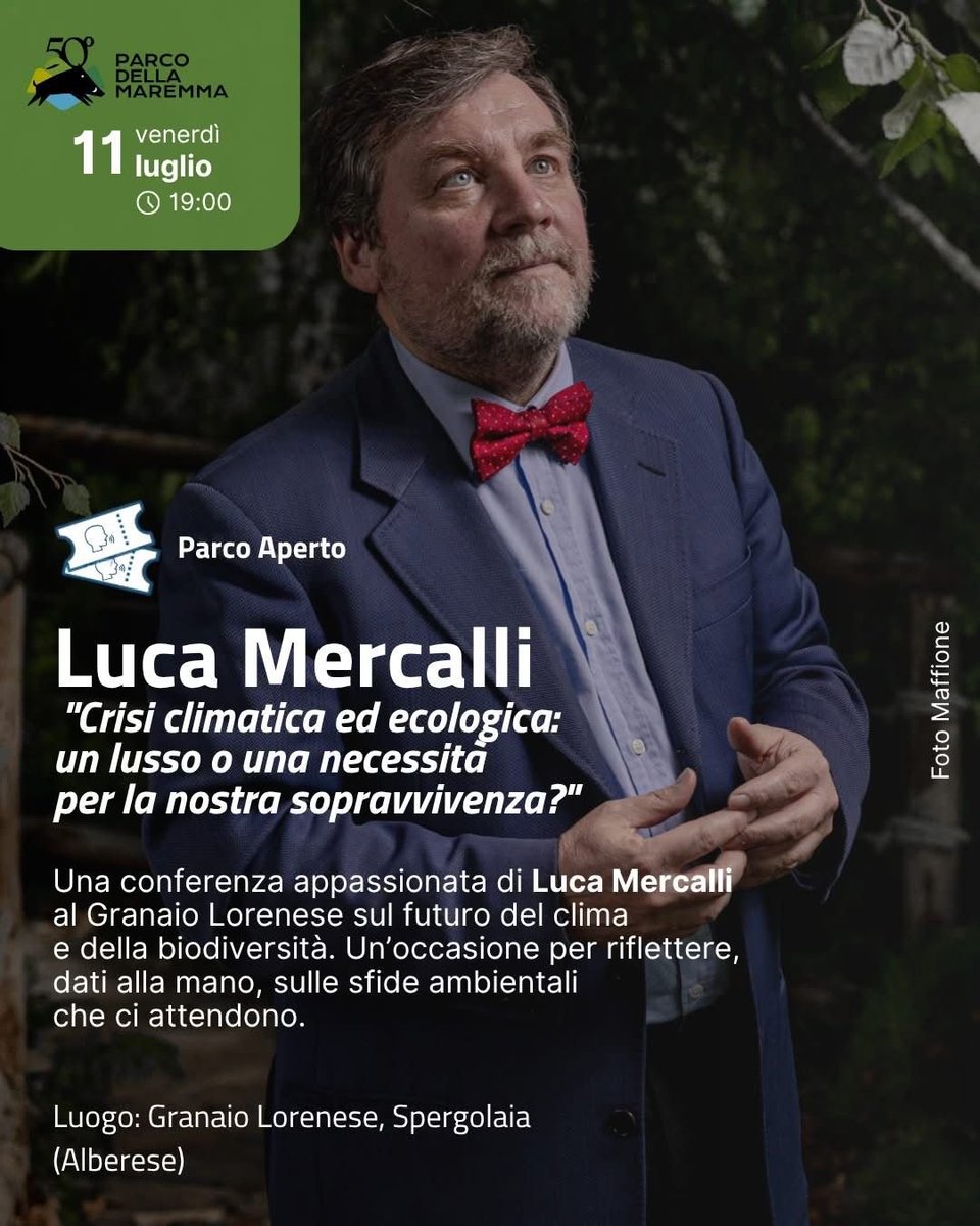 Luca_Mercalli's tweet image. Venerdì 11 luglio sarò in Maremma, per parlare di clima nell&apos;ambito del &quot;Festival Parco Aperto - 50 anni di Parco della Maremma&quot;. 
Appuntamento alle 19 nello splendido Granaio Lorenese di Spergolaia (fraz. Alberese del comune di Grosseto). 

Vedi: parco-maremma.it/evento/luca-me…