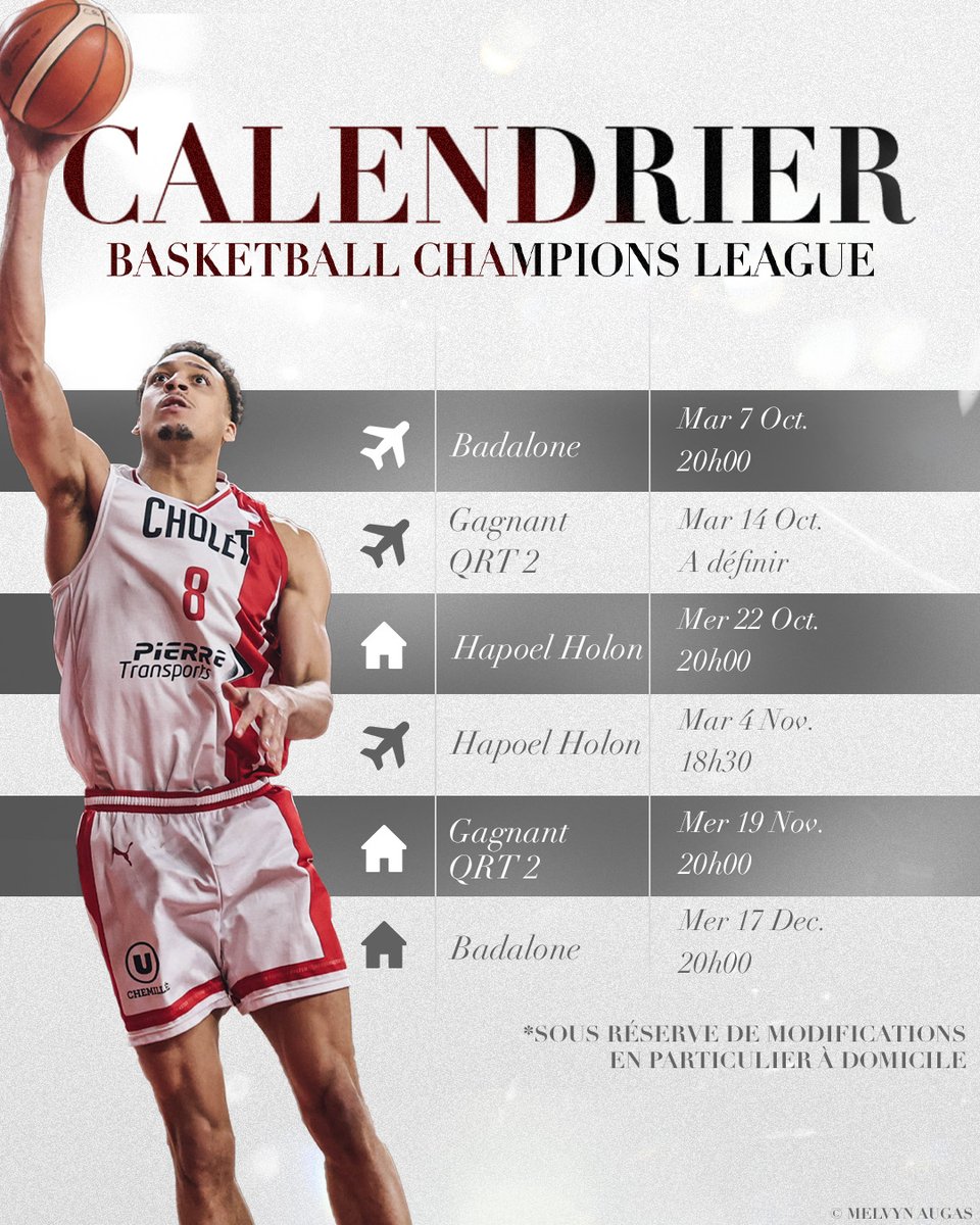 Cholet Basket (@cb_officiel) on Twitter photo 🗓️ On connait notre calendrier pour la saison régulière de Basketball Champions League ! La saison débutera en Espagne à <a href="/Penya1930/">Club Joventut Badalona</a> le mardi 7 octobre ! 🔥
À vos calendriers !
Allez CB ! ❤️🤍
#CBFAMILY 🗓️ On connait notre calendrier pour la saison régulière de Basketball Champions League ! La saison débutera en Espagne à <a href="/Penya1930/">Club Joventut Badalona</a> le mardi 7 octobre ! 🔥
À vos calendriers !
Allez CB ! ❤️🤍
#CBFAMILY