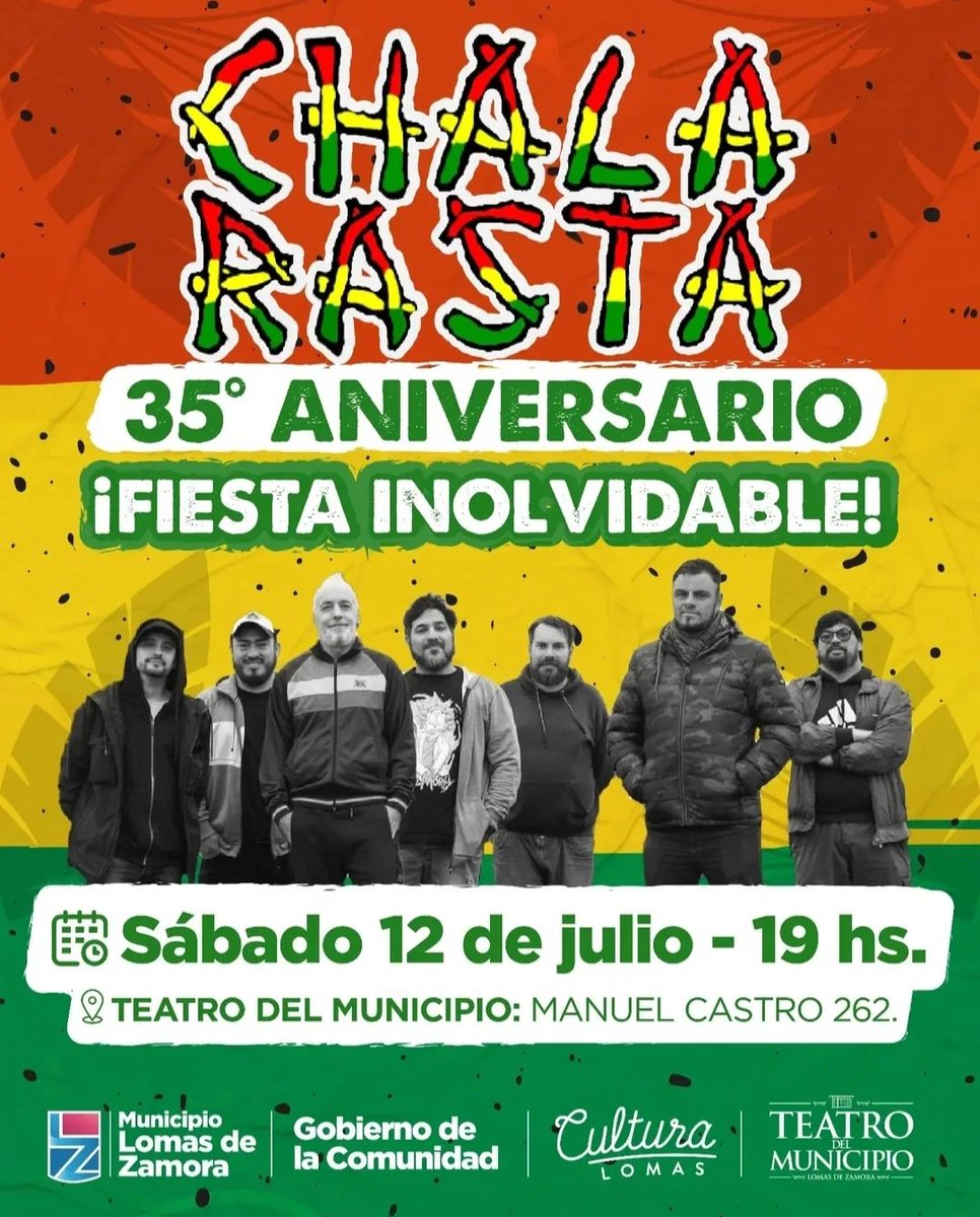 #Show 35° #Aniversario de #ChalaRasta

Sábado 12 de julio, 19:00 hs

TEATRO DEL MUNICIPIO
Manuel Castro 262
Lomas de Zamora

*ENTRADA GRATIS*

No te lo podés perder!!

#Reggae #Fiesta