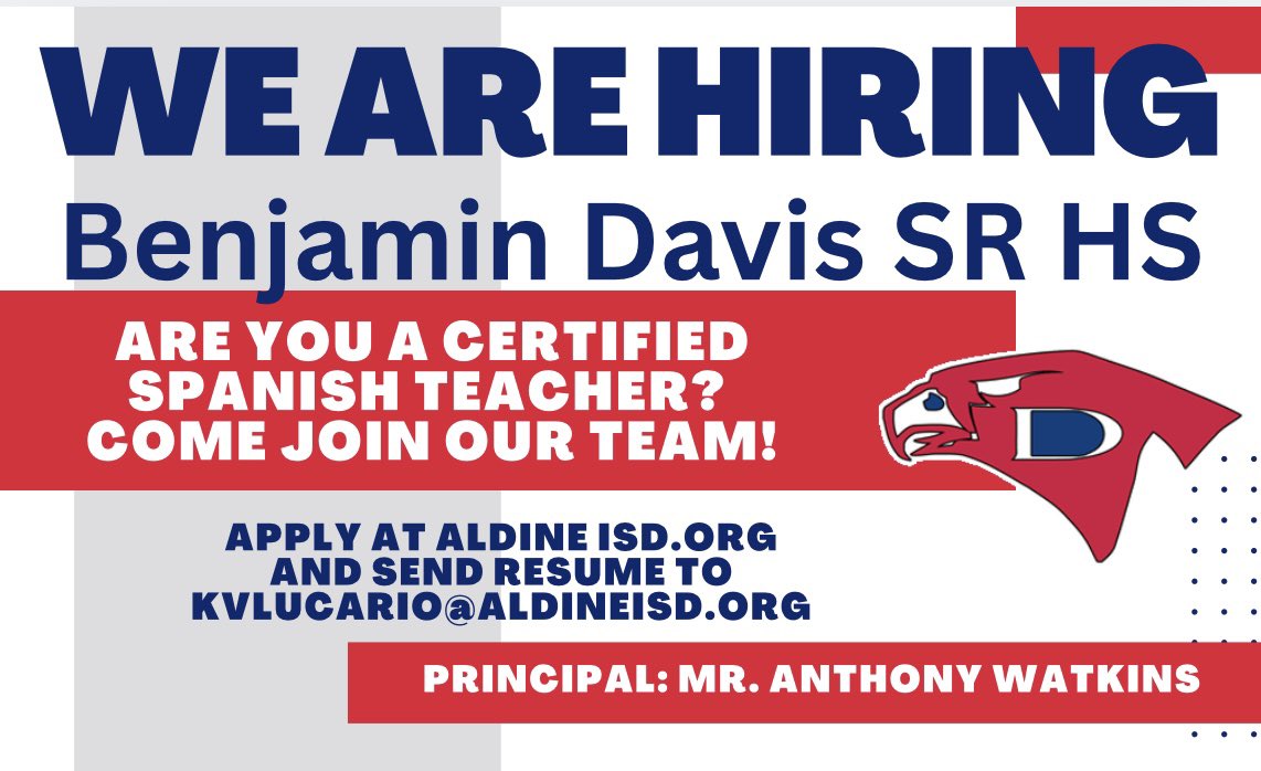Karen Lucario (@ap_k_lu) on Twitter photo Are you a certified Spanish Teacher? Davis HS is hiring! Complete your application online and send me your resume! ✅ <a href="/AldineISD/">Aldine ISD</a> Are you a certified Spanish Teacher? Davis HS is hiring! Complete your application online and send me your resume! ✅ <a href="/AldineISD/">Aldine ISD</a>
