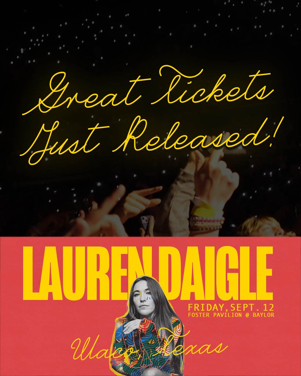 Foster Pavilion (@fosterpavilion) on Twitter photo We just released a very limited number of seats in lower sections for <a href="/Lauren_Daigle/">Lauren Daigle</a>'s concert on Friday, Sept. 12. Hurry! 🏃 Grab tickets now at baylor.edu/fosterevents We just released a very limited number of seats in lower sections for <a href="/Lauren_Daigle/">Lauren Daigle</a>'s concert on Friday, Sept. 12. Hurry! 🏃 Grab tickets now at baylor.edu/fosterevents