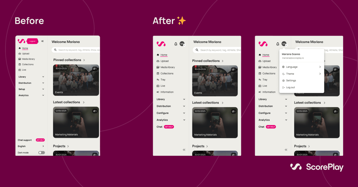 Navigation got a glow-up ✨ Less clicking, more creating.
👤 Profile menu: One click for all your settings
⚙️ "Setup" → "Configure" (because that's what it actually is)
🗺️ Better flow + full keyboard accessibility
Your workspace should feel like your workspace #ForSportsBySports