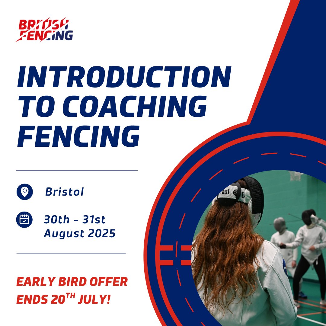 🚨 Early bird offer ends 20th July!

Begin your coaching journey and learn how to run group sessions at our upcoming Introduction To Coaching Fencing (ITCF) course in Bristol (30th-31st August).

🔗 Book your place: britishfencing.com/upcoming-cours…