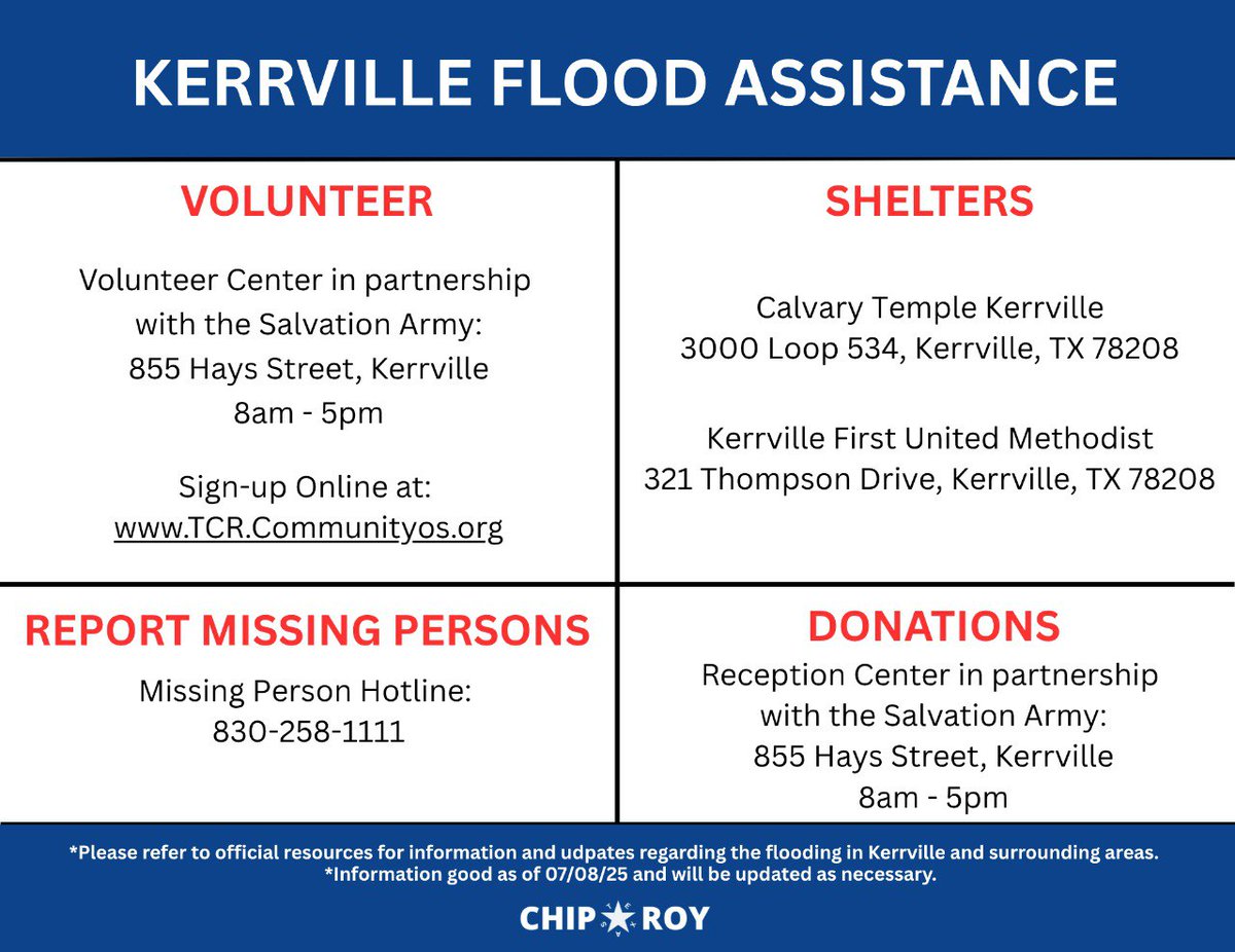 RepChipRoy's tweet image. 🚨UPDATED: Info for Kerrville flood victim assistance.