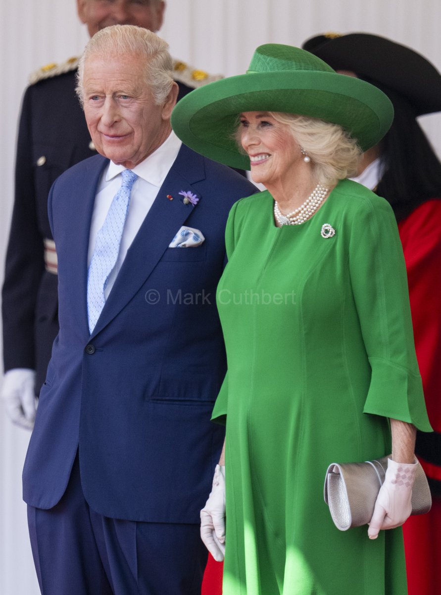 King Charles III &amp; Queen Camilla with President Emmanuel Macron &amp; Mrs Brigitte Macron during the formal welcome at the Royal Dais in Windsor for the start of the French State Visit.  #Royals #statevisitfrance
