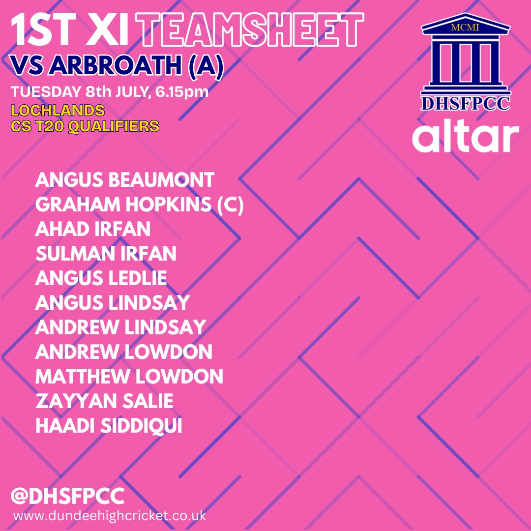 Tonight’s team to take on Arbroath in the CS T20 qualifiers at Lochlands. Both sides don’t have much to play for but it is a good chance for some of our youngsters to get more valuable game time. Any support would be much appreciated, 6:15pm start in Arbroath.

#CODH