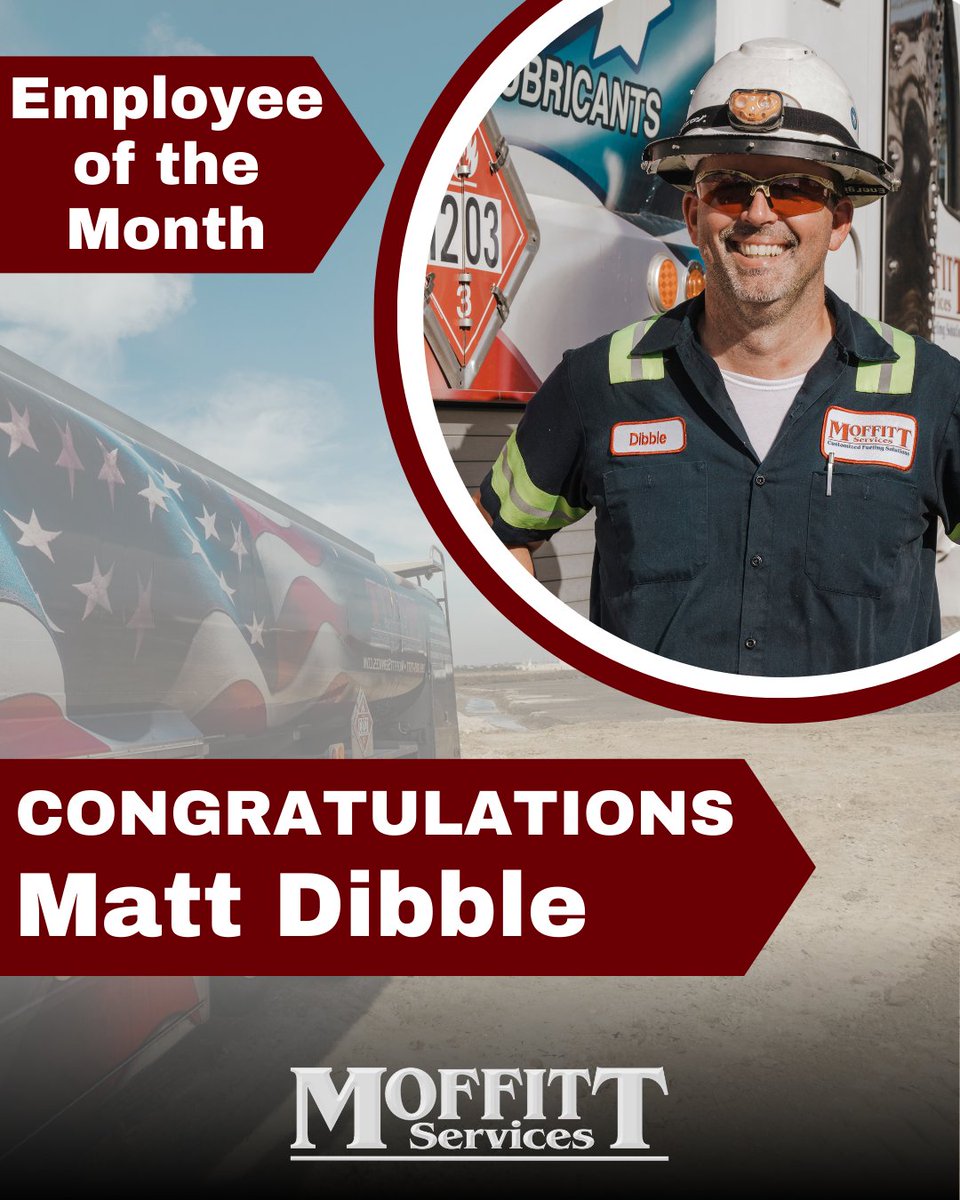 Congrats to Matt Dibble, our April Employee of the Month! From long hours to long hauls, Matt brings dedication and results every time. We’re proud to have him on the team! 💪 #EmployeeOfTheMonth #MoffittStrong #FuelingYourSuccess #TeamMoffitt