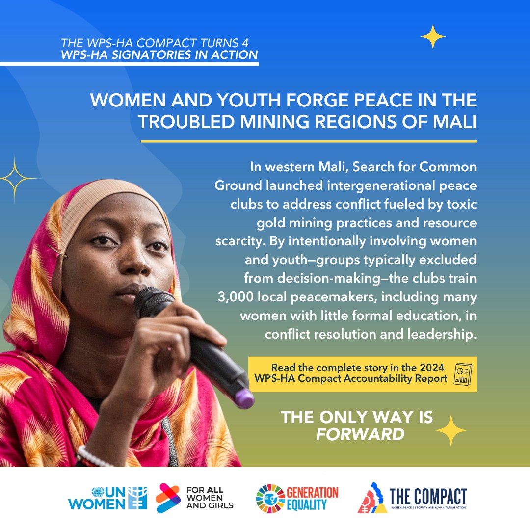 WPSHACompact's tweet image. In #Mali, peace clubs are bringing communities together. WPS-HA Compact Signatory, @SFCG_, is working with women &amp;amp; youth to address the toxic impacts of gold mining. 

3,000 local peacemakers were trained!

Read the complete story➡️bit.ly/SFCG_

#TheCompactAt4 #WPSat25