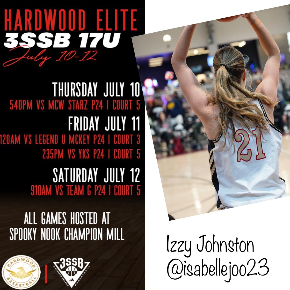 Isabelle Johnston (@isabellej0023) on Twitter photo So excited to get back with my club team in Ohio!!!! Here is the schedule for our first showcase! <a href="/Hardwood_Elite/">Hardwood Basketball</a> <a href="/3SSBGCircuit/">3Stripes Select Basketball Girls Circuit</a>
5:40pm 7/10
11:20am 7/11
2:35pm 7/11
9:10am 7/12 So excited to get back with my club team in Ohio!!!! Here is the schedule for our first showcase! <a href="/Hardwood_Elite/">Hardwood Basketball</a> <a href="/3SSBGCircuit/">3Stripes Select Basketball Girls Circuit</a>
5:40pm 7/10
11:20am 7/11
2:35pm 7/11
9:10am 7/12