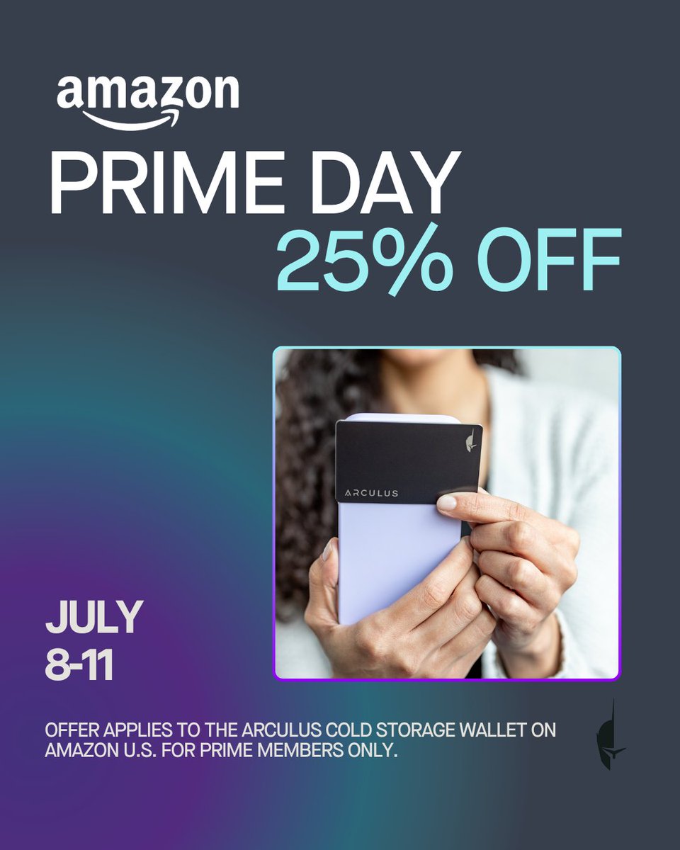 🚨 PRIME DAY DEAL
Get 25% OFF the Arculus Cold Storage Wallet — only on Amazon U.S. during Prime Day 2025, July 8–11. Prime members only.

amzn.to/40CGE9g

#PrimeDay #CryptoSecurity #ColdStorage #Arculus #AmazonDeals