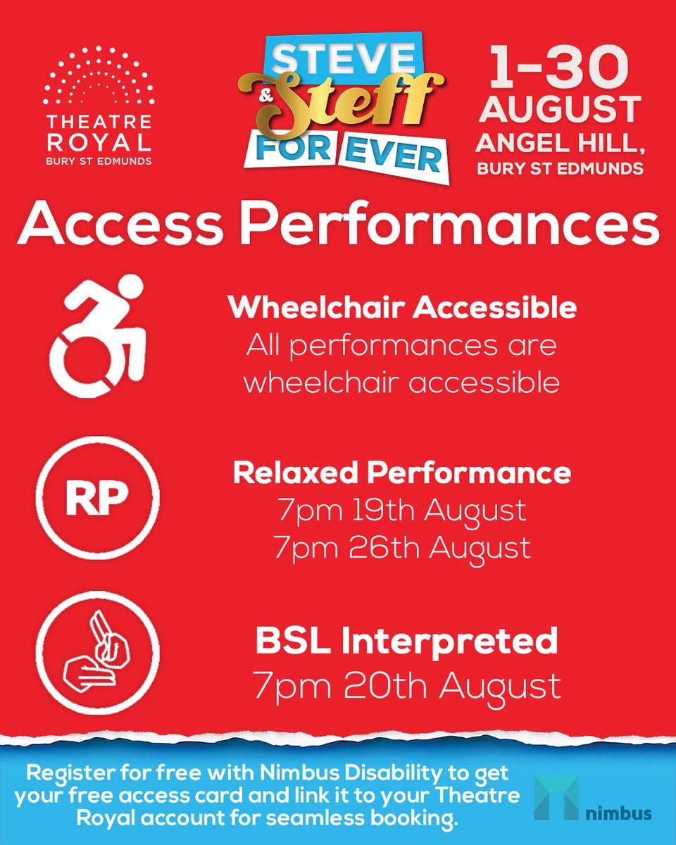 TheatreRoyalBSE's tweet image. Check out our #access performances for Steve And Steff For Ever 💙❤️ Book now via our box office or online. You can call on 01284 769505 between 2-5pm, Tuesday to Saturday or email customer-access@theatreroyal.org for more information about access performance or any…