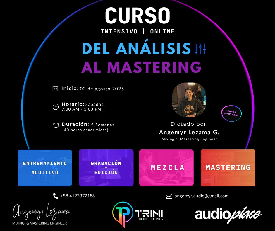 Engemyr's tweet image. Este próximo 02 de Agosto y por 5 sábados consecutivos, estaré dictando un curso basado en mi visión y experiencia, con un enfoque actualizado y muy personal sobre cómo abordar la ejecución de proyectos discográficos. 

Más info aquí 👇

shorturl.at/zlIrG