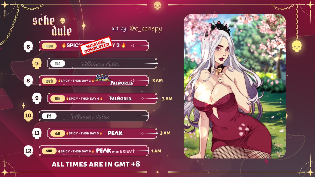 LadyyMaeve's tweet image. ♦️ 6 -12 July ♦️
🔥 SPICY-THON WEEK is in full swing!
We’re dating appliances, some Palworld, & climbing to the PEAK with @Exie_VT
Let’s have fun before I leave for my trip! 💋
📅 Schedule below 👇