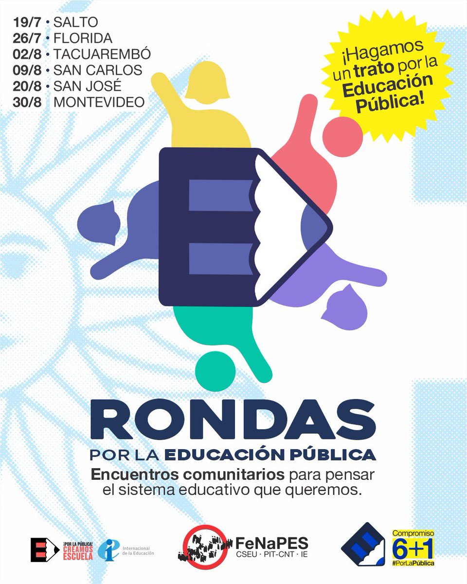 📣 Se vienen la RONDAS por la Educación Pública.

🗣️ El próximo 19 de julio en la ciudad de Salto, iniciamos este ciclo de encuentros comunitarios para pensar, entre todas y todos, el sistema educativo que queremos. 

#Compromiso6más1 #PorLaPública
