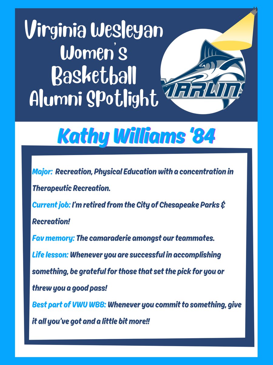Next up on our alumni spotlight is Kathy Williams! She graduated in 1984 and is living the retired life 🤩 stay tuned for who is up next later this week👀 #vwuwbb