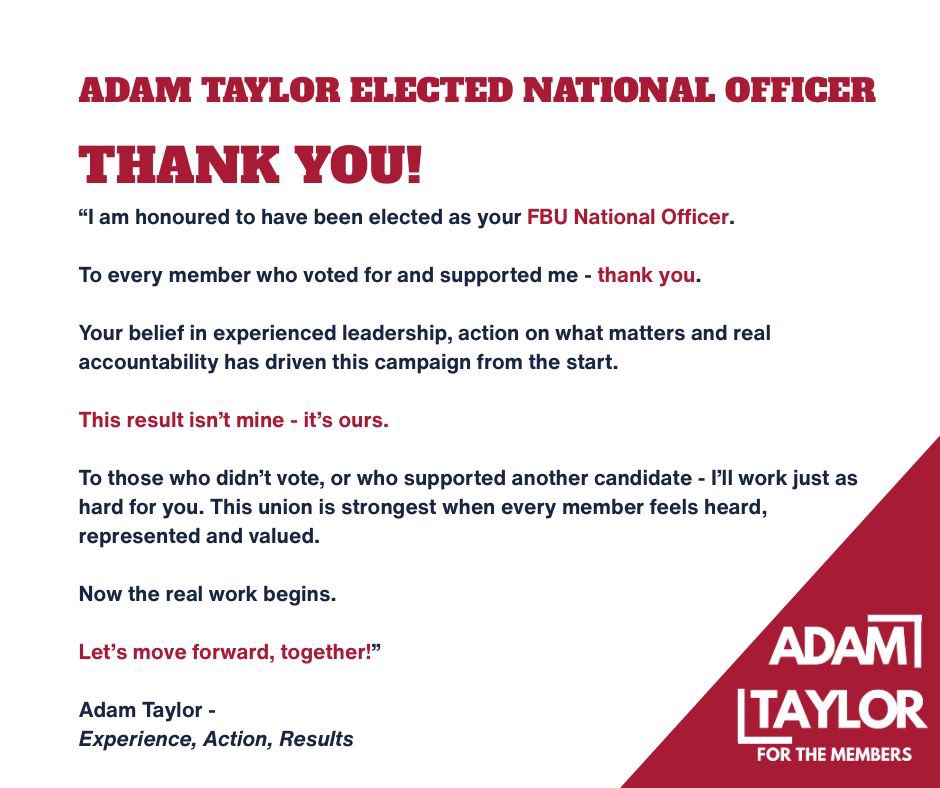 AdamT9372's tweet image. 🚨🚨 Thank You 🚨🚨
I’m incredibly proud and honoured to have been elected as a National Officer of the Fire Brigades Union.
To every member who took the time to vote — thank you. To those who supported my campaign, engaged in conversations, challenged ideas, and stood…