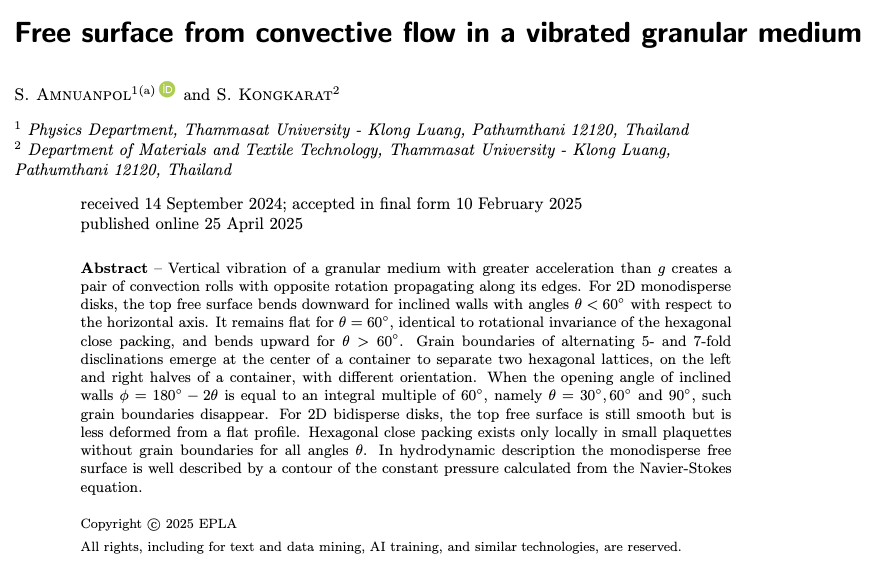 EPL (@epl_journal) on Twitter photo Free surface from convective flow in a vibrated granular medium
by S. Amnuanpol and S. Kongkarat
<a href="/thammasat_uni/">Thammasat University</a>
π iopscience.iop.org/article/10.120β¦ Free surface from convective flow in a vibrated granular medium
by S. Amnuanpol and S. Kongkarat
<a href="/thammasat_uni/">Thammasat University</a>
π iopscience.iop.org/article/10.120β¦