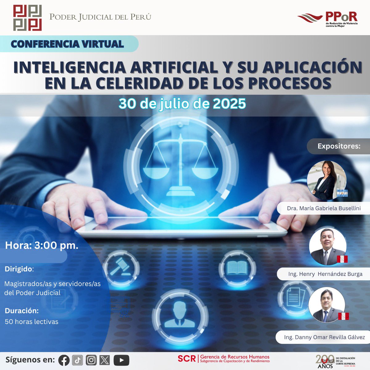 ⚖️ Fui convocada a disertar nuevamente, en el 2do Ciclo de Conferencias sobre Inteligencia Artificial en el Poder Judicial de Perú, dirigido a Magistradas/os y servidores judiciales, en conmemoración de los 200 Años de Instalación de la Corte  Suprema de Peru.🇵🇪