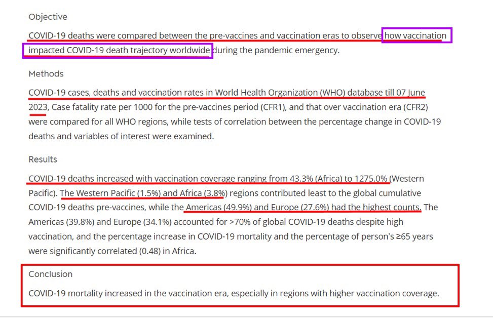 tatiann69922625's tweet photo. 🚨URGENT : Une étude récente publiée le 23 avril 2025, analysant les données de l'Organisation mondiale de la santé (OMS) sur les décès et les taux de vaccination jusqu'en juin 2023, révèle que :

Les décès liés au COVID-19 ont augmenté avec la couverture vaccinale, allant de 43,3% à 1 275,0% dans toutes les régions du monde.

Cette étude montre clairement que les « vaccins » contre le COVID-19 ont non seulement échoué à prévenir les décès liés à la COVID-19, mais qu'ils sont également associés à une augmentation de 1000 % des décès liés à la COVID-19 dans toutes les régions du monde analysées. 

Réfléchissez-y bien...

« Augmentation paradoxale du nombre de décès liés à la COVID-19 dans le monde avec la couverture vaccinale : estimations de l'Organisation mondiale de la santé (2020-2023) »

Source : https://t.co/joMZzhERFq