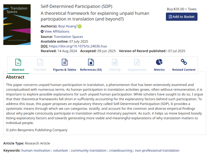Boyi Huang 黄博一, PhD (@huang_boyi) on Twitter photo New Publication 🚨
I'm ☺️ to share my article "Self-Determined Participation (SDP): A theoretical framework for explaining unpaid human participation in translation (and beyond?)" published online first on <a href="/TranslSpaces/">Translation Spaces</a>.
doi.org/10.1075/ts.240…
Abstract in pic below New Publication 🚨
I'm ☺️ to share my article "Self-Determined Participation (SDP): A theoretical framework for explaining unpaid human participation in translation (and beyond?)" published online first on <a href="/TranslSpaces/">Translation Spaces</a>.
doi.org/10.1075/ts.240…
Abstract in pic below