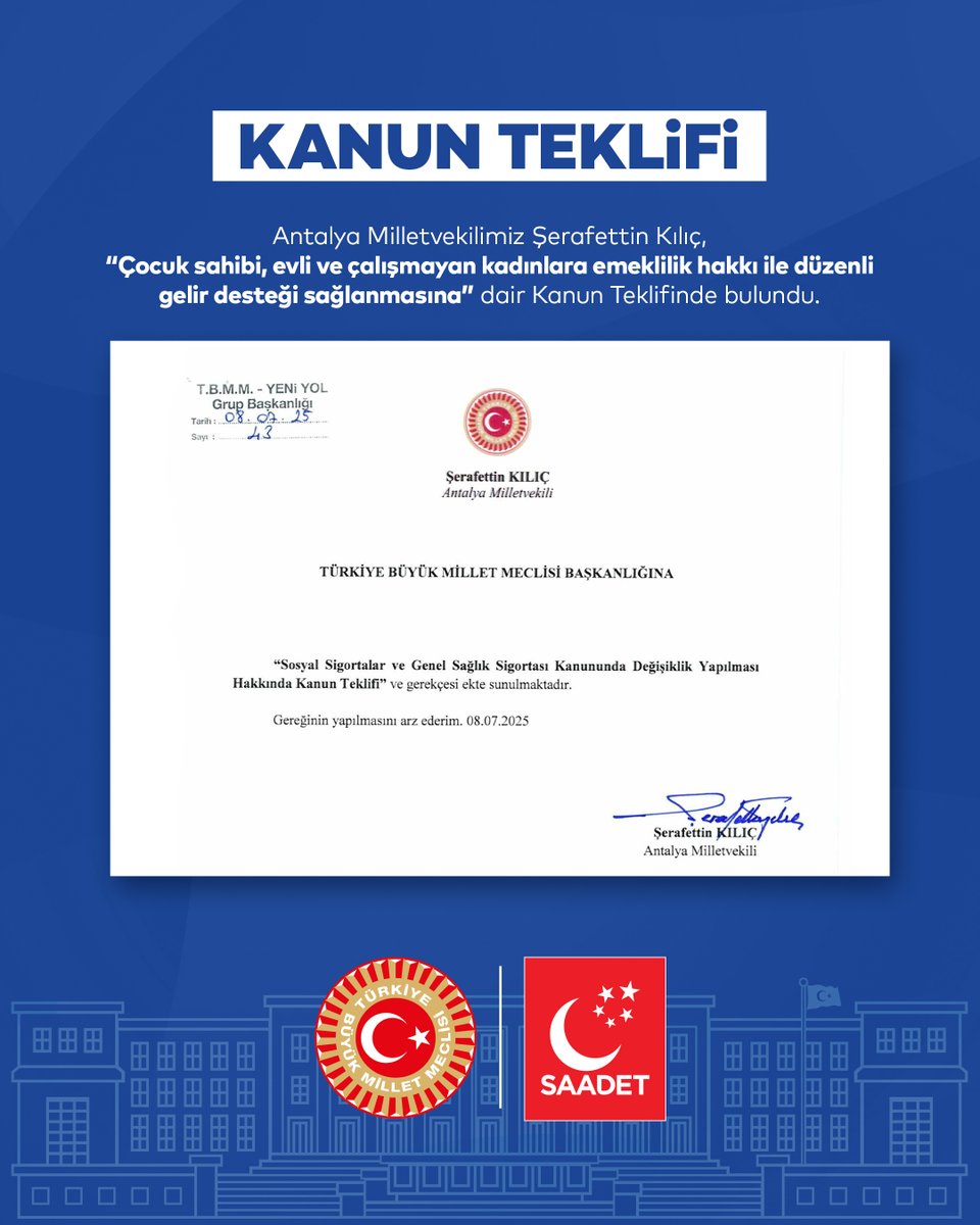 Çocuk sahibi, evli ve çalışmayan kadınlara emeklilik hakkı ile düzenli gelir desteği sağlanmasına dair hazırladığımız Kanun Teklifi'mizi TBMM Başkanlığı'na sunduk.