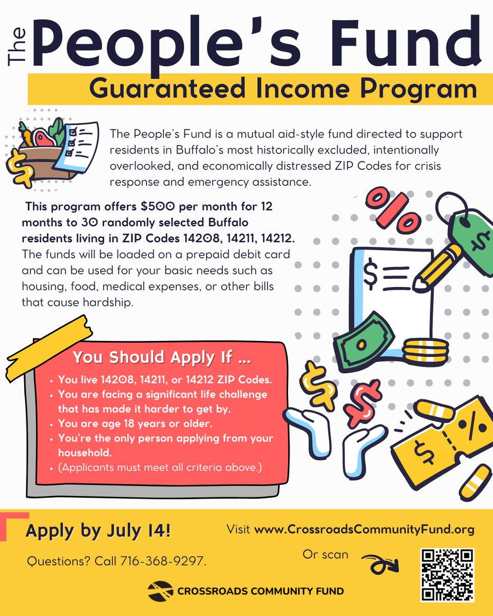 Buffalo neighbors in 14208/14211/14212: 📢 Apply for the People’s Fund—30 households will get $500/mo for 1 year to cover essentials. Must be 18+ &amp; facing hardship. Apply by July 14 → CrossroadsCommunityFund.org/grants/peoples… 
#CAOWNY #PeoplesFund