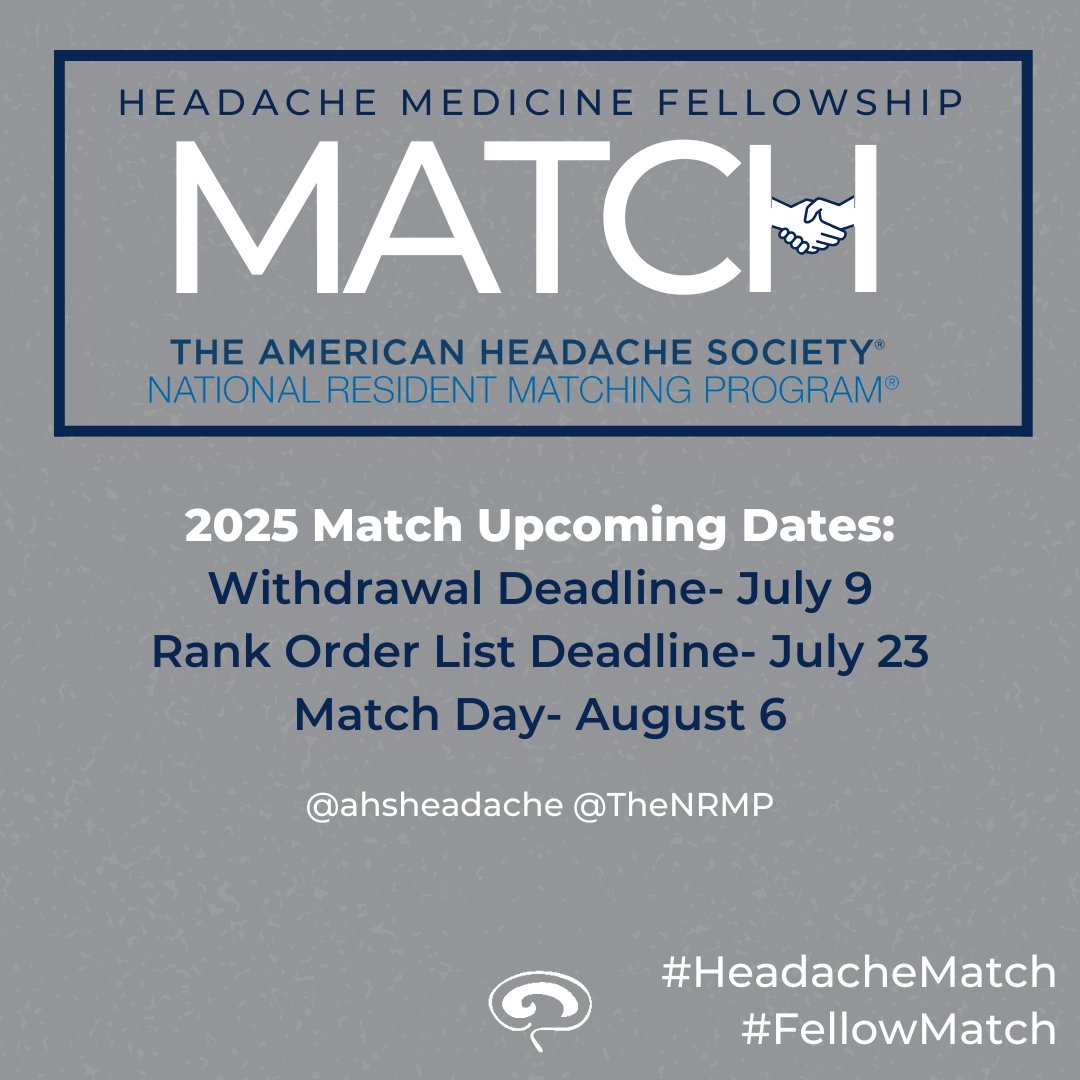 ahsheadache's tweet image. The 2025 #HeadacheMatch is approaching! We're looking forward to welcoming the newest faces in #HeadacheMedicine.
Explore participating programs, key dates, and everything you need to know on our Headache Medicine Fellowships webpage here: bit.ly/4ecwdyE #FellowMatch