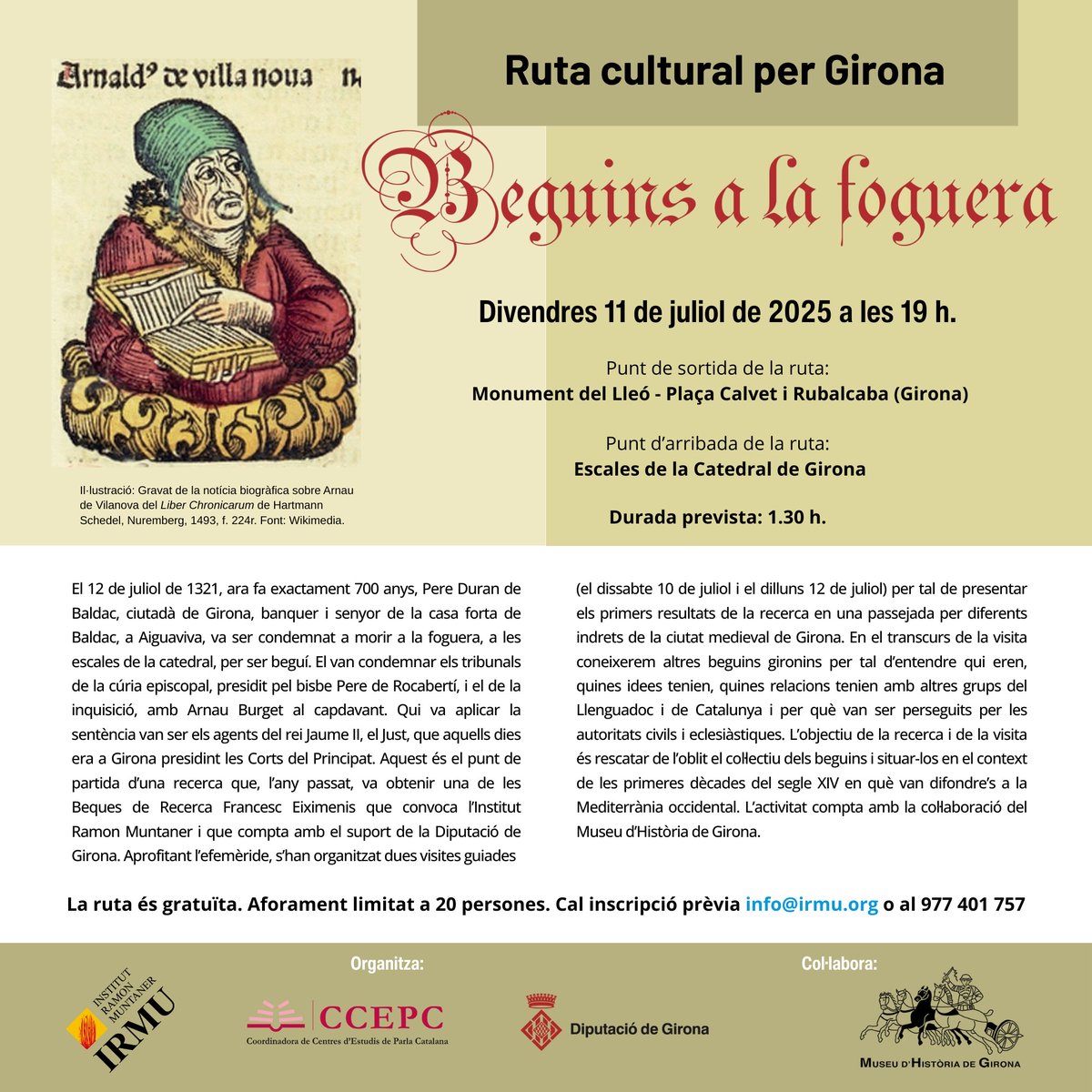El proper divendres 11 de juliol, a les 19 h. a la plaça del Lleó, de #girona, recordarem els fets que més de 700 anys enrere, van portar el ciutadà gironí Pere Duran de Baldac a morir cremat a la foguera