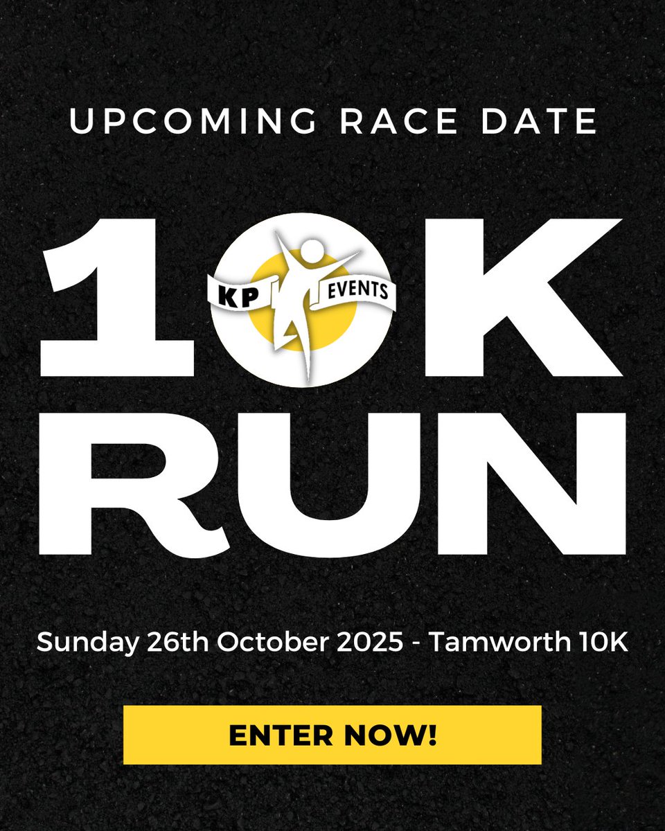 A date for your diary 📅 Sunday 26th October - Tamworth Castle Grounds - 10:30am 😎

Sign up to the Tamworth 10K here: tamworth10k.co.uk

🏃💪
#KPEvents #RunStrong #Tamworth10K
