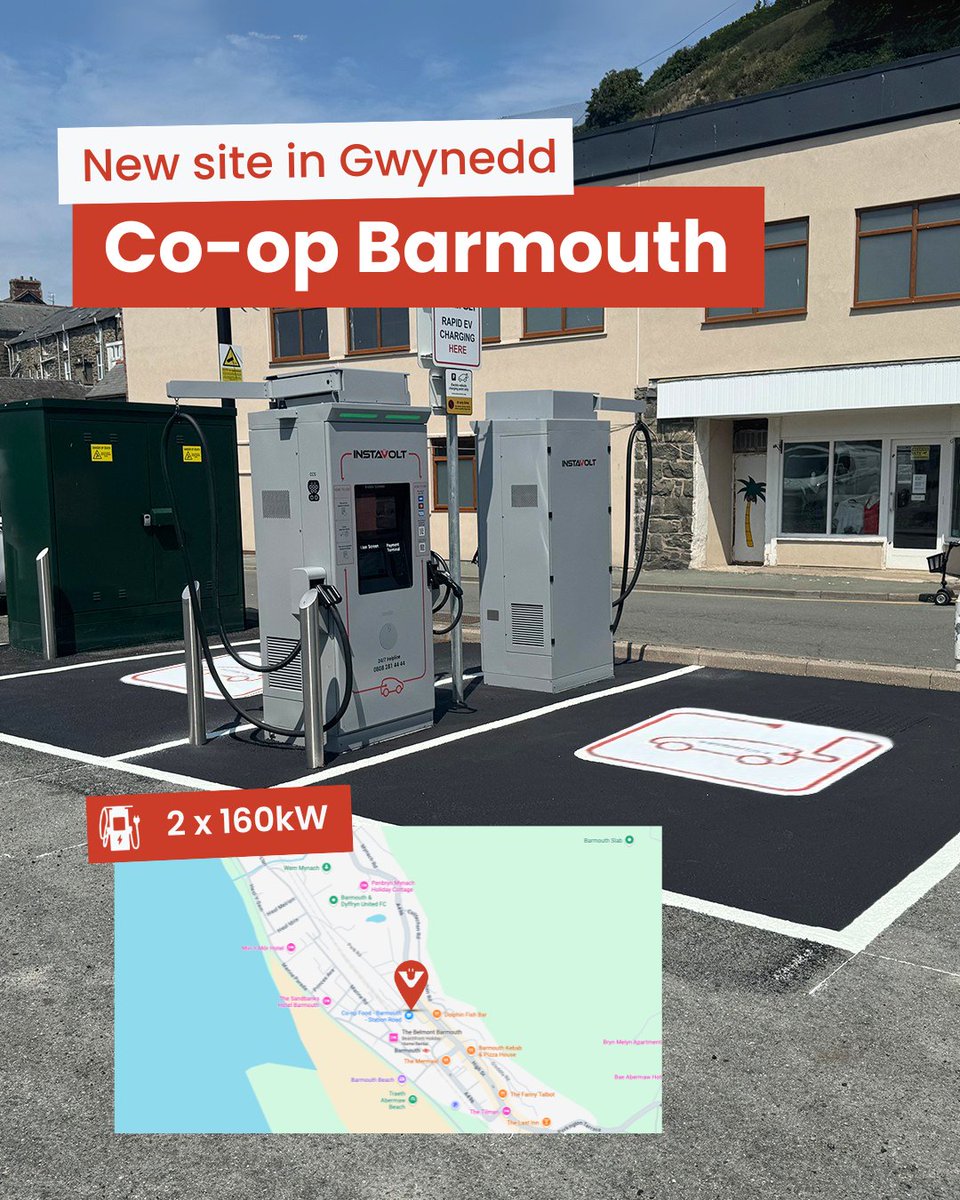 New InstaVolt site now live in Barmouth! ⚡🏴󠁧󠁢󠁷󠁬󠁳󠁿

2 x ultra-rapid 160kW chargers at Co-op Barmouth - just off King Edward St, near the beach 🏖

Grab a bite, enjoy the view, and charge with 100% renewable energy 🌱

Get Directions📍 instavolt.co.uk/location/1337-…