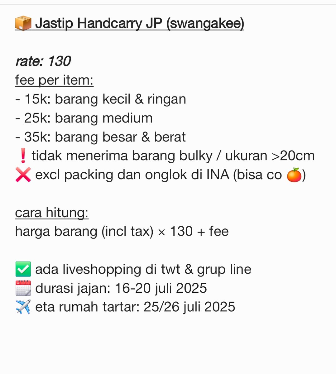 swangakee's tweet image. hii, aku mau ke tokyo kurleb 10 hari dan beberapa planku akan ke:

- animate
- toranoana
- jump shop
- kbooks
- amiami
- chiikawa land
- pokemon center
-  square enix garden
- dll (flexible)

adakah yg mau ikut jastip? untuk tnc bisa dicek di gambar ya. dm to join line 🙌