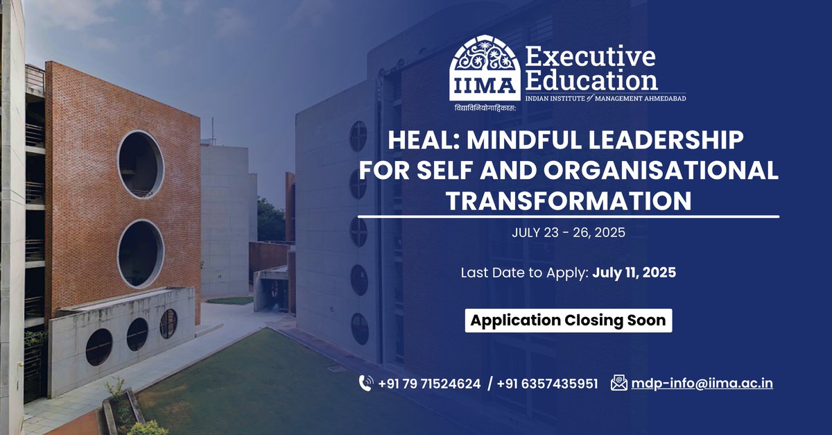 The application deadline for #IIMA's HEAL: #MindfulLeadership Programme is around the corner. It’s for those who are ready to lead from depth, not just drive.
lnkd.in/ghZJ9Zsh

#CorporateWellness