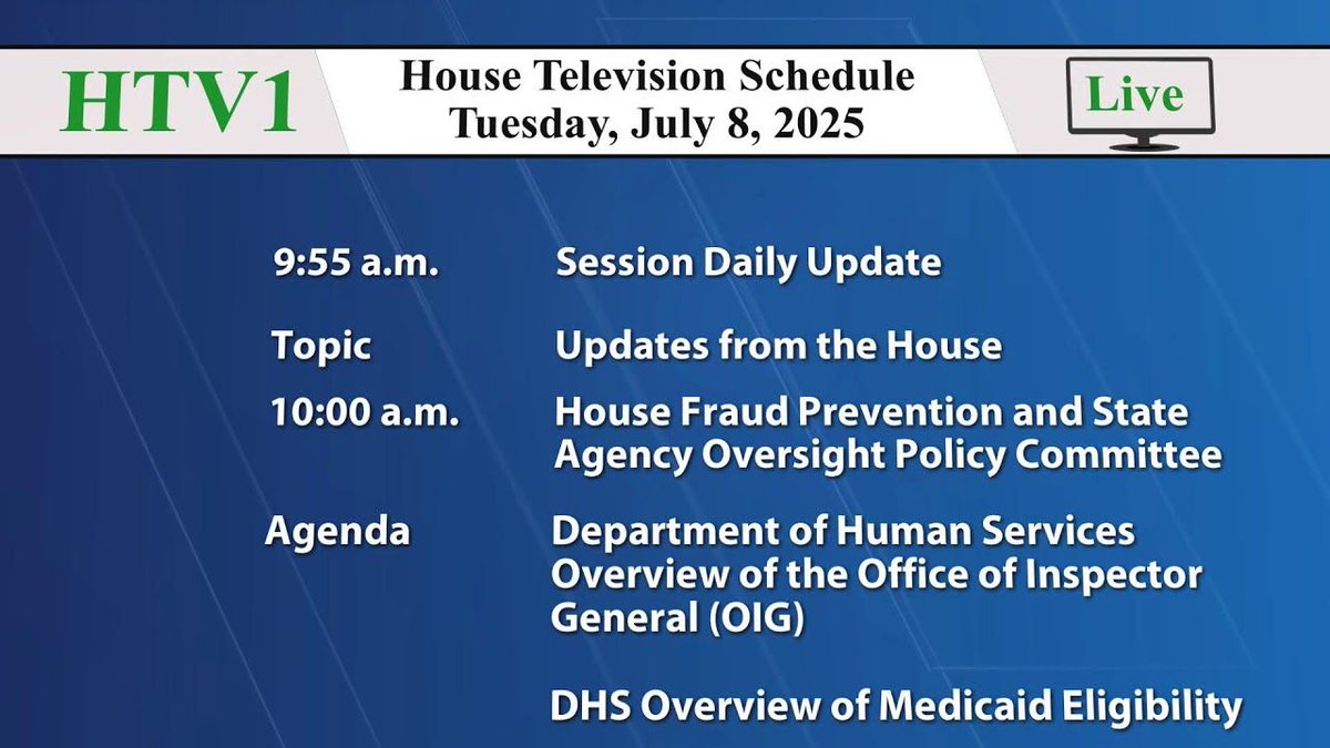 MNHouseInfo's tweet image. 📺 COMING UP on HTV1 — 10 a.m. LIVE coverage of the #mnhouse Fraud Prevention and State Agency Oversight Policy Committee
Watch on the House website house.mn.gov/live/1 and YouTube youtube.com/live/2WWPTNzB-…
#mnleg