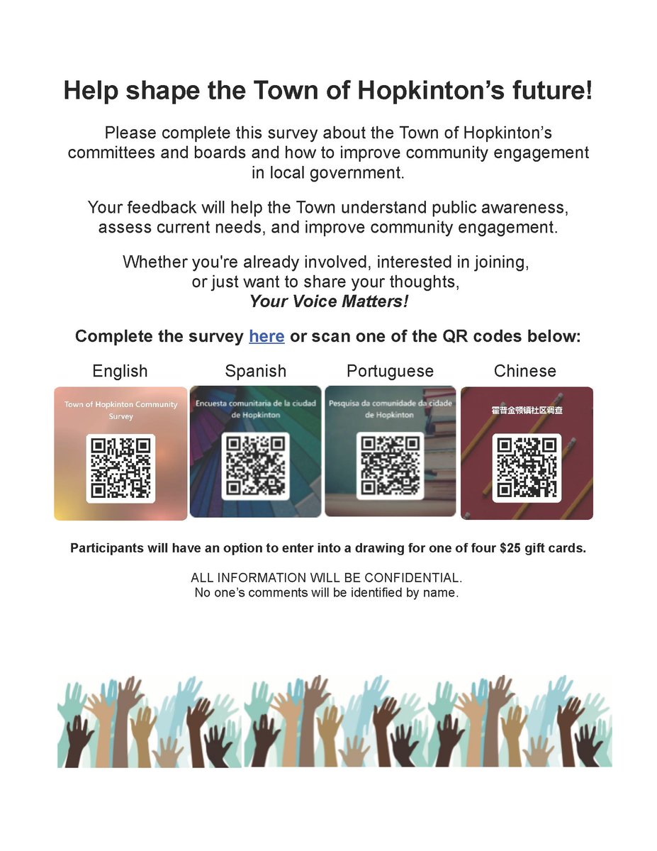 Hopkinton, MA (@hopkintonma) on Twitter photo Help shape the Town of Hopkinton's future! We are looking for survey responses about the Town of Hopkinton's committees and boards & how to improve community engagement in local government. 
To participate, scan one of the QR codes on the flyer or visit: ow.ly/Pym750W7GiY Help shape the Town of Hopkinton's future! We are looking for survey responses about the Town of Hopkinton's committees and boards & how to improve community engagement in local government. 
To participate, scan one of the QR codes on the flyer or visit: ow.ly/Pym750W7GiY