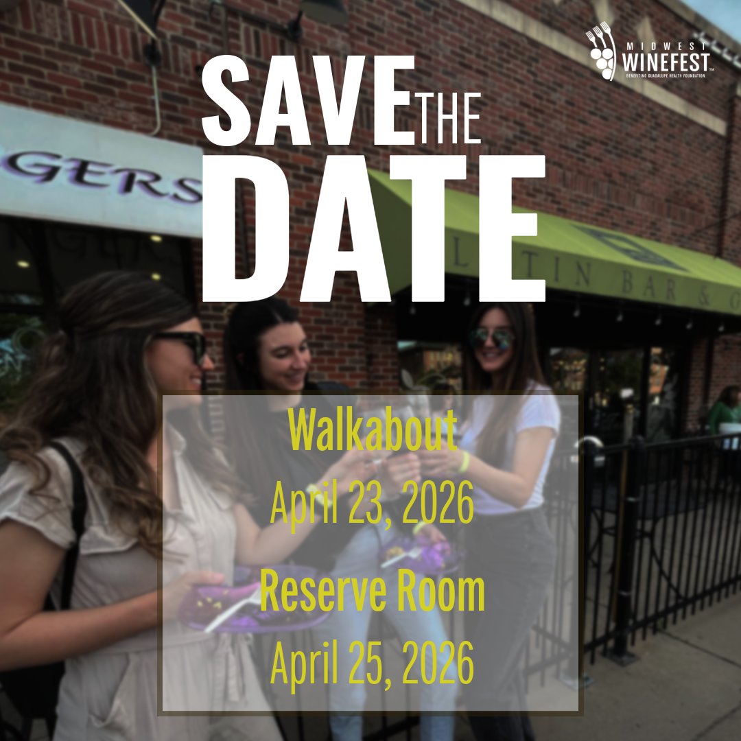 🍷 Save the dates for Midwest Winefest 2026! ✨
 April 23: Walkabout Tasting, April 25: Auction. Cheers! 
🥂 #MidwestWinefest #Winefest2026 #SipSupportServe #GuadalupeClinic #WineEvents #WineLoversMidwest #WineAndCharity #SaveTheDate2026 #MidwestEvents #WineTastingExperience