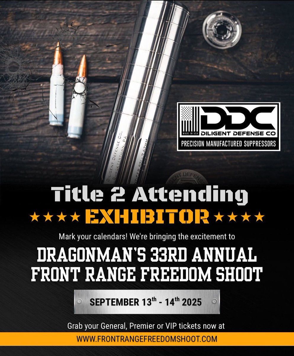🚨We’re excited to host @diligentdefenseco as a Title Two Exhibitor attending Dragonman’s Front Range Freedom Shoot Sept 13th-14th, 2025 🚨 

Get your General, Premier and VIP tickets at frontrangefreedomshoot.com for exclusive  access to discounts and promotions on Diligent Defense