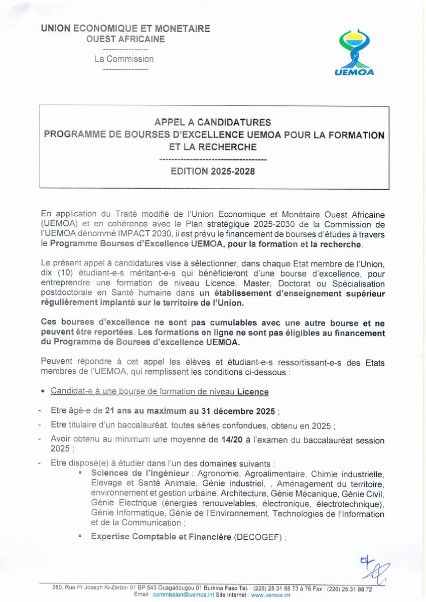 UEMOA_Officiel's tweet image. Appel à #candidatures du #Programme de #Bourses d'#Excellence #UEMOA pour la ##formation et la #recherche, édition 2025-2028
uemoa.int/bourses-excell…