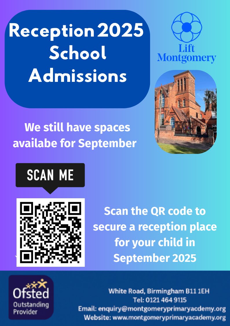 📣 Apply Now for a Reception 2025 Place!
Scan the QR code to apply for a Reception place for your child starting in September 2025.

Spaces are filling up quickly at our OUTSTANDING school – rated Outstanding in all areas by Ofsted (2024).

Don’t miss out - apply NOW
