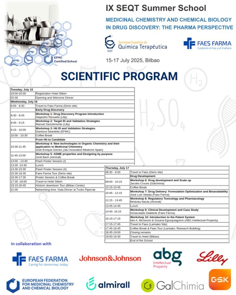 🚨Less than one week to go!
Join us for the IX SEQT Summer School: “Medicinal Chemistry and Chemical Biology in Drug Discovery: the Pharma Perspective”, organized by <a href="/SocEspQuimTerap/">SEQT</a> and FAES FARMA
👉Do not wait, register here: lnkd.in/dftihV-c
📍Bilbao, Spain
📅July 15–17
