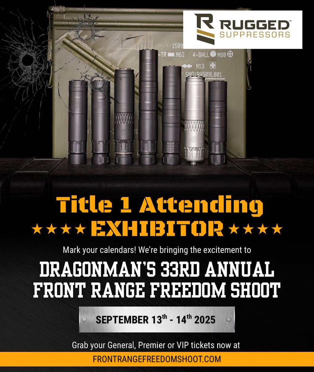 We’re excited to host @ruggedsuppressors at Dragonman’s Front Range Freedom Shoot Sept 13th-14th, 2025 — If you’ve ever wanted to try Rugged’s lineup first-hand, now is the time. We’ve also just decided to comp your excise tax again during this two day event — Must attend to take