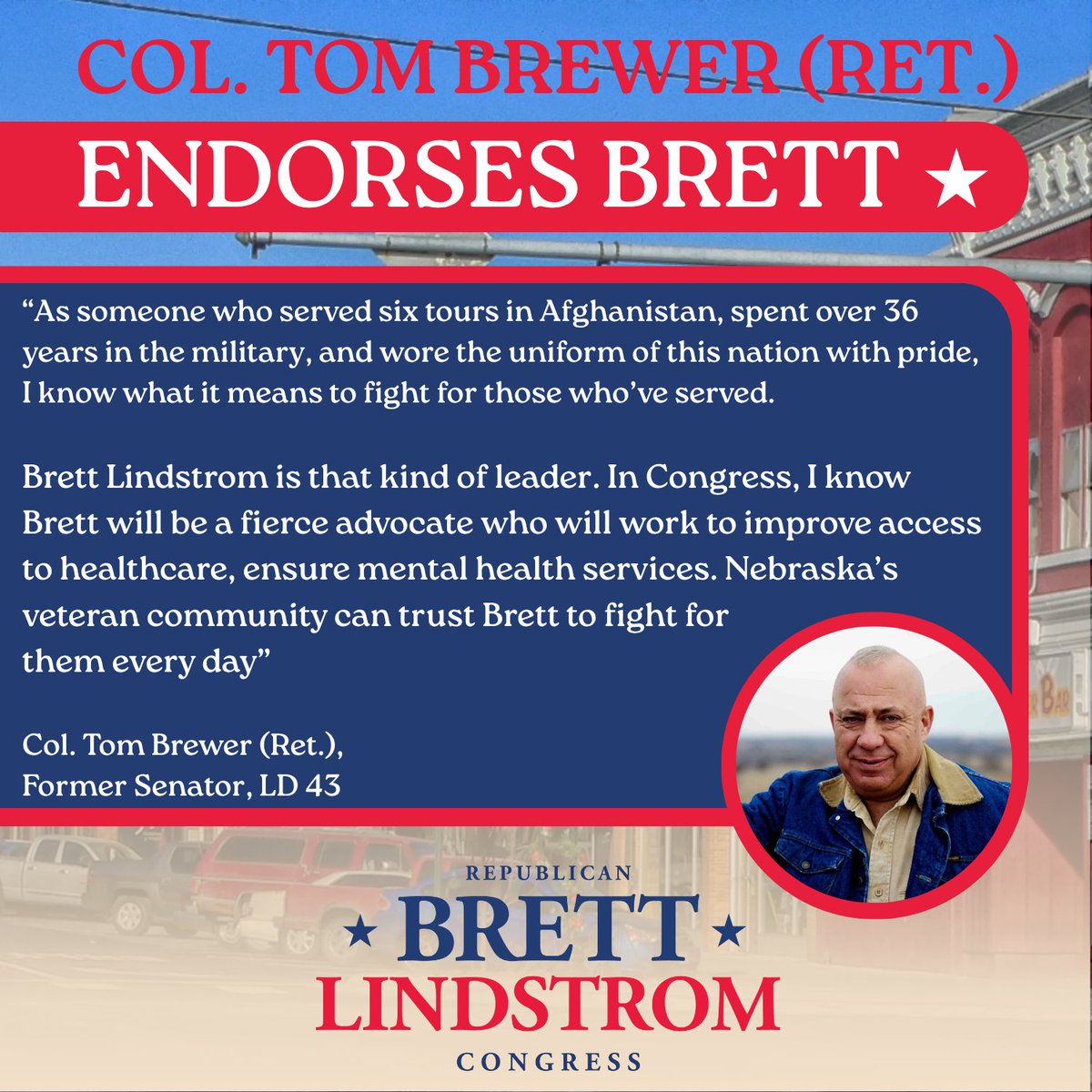 brettlindstrom's tweet image. Grateful to have Col. Tom Brewer (Ret.) standing with me in this race. I’ll always have the backs of our veterans.