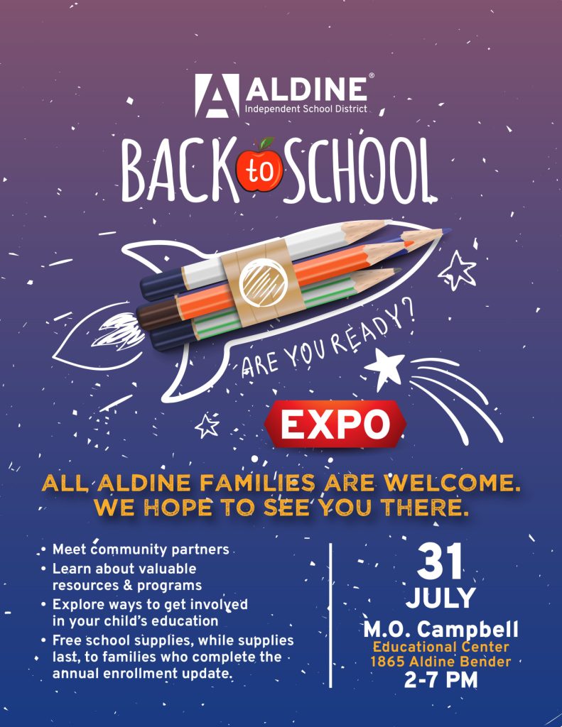 🎉 Aldine ISD’s 10th Annual Back-to-School Expo is BACK and IN PERSON! 🎒✨

Join us July 31 for a day of resources, support, and excitement as we gear up for the new school year. This event brings families together, connects them with community partners, and makes sure every