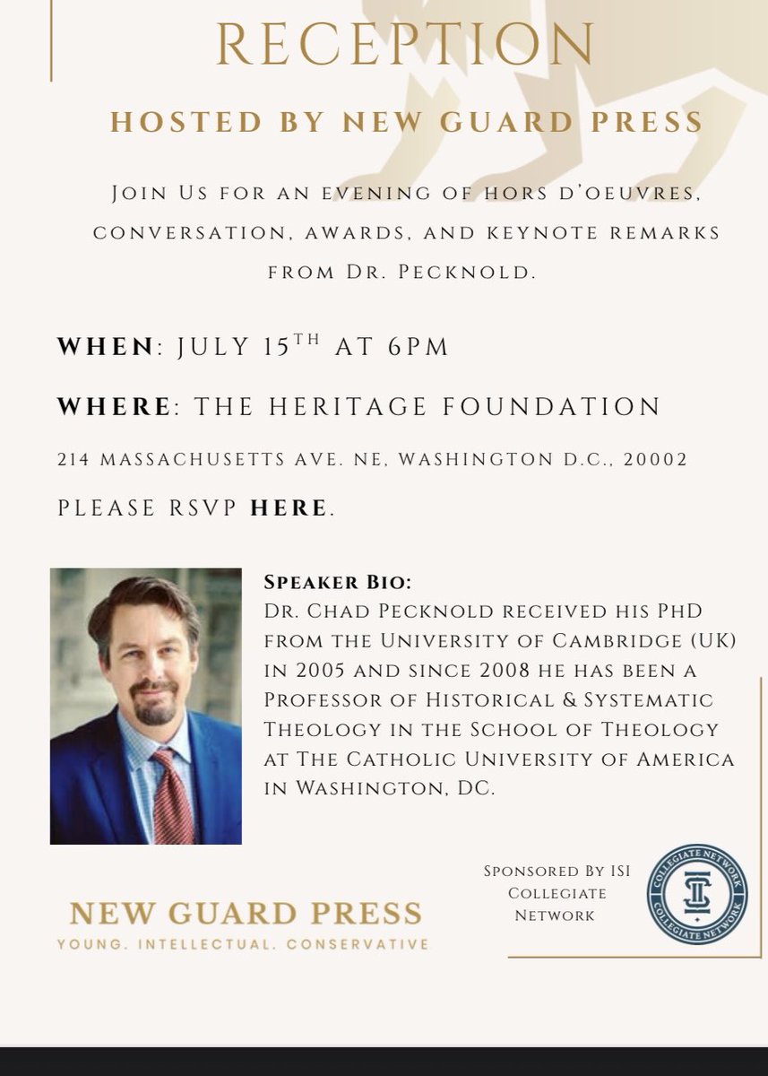 Chad Pecknold (@ccpecknold) on Twitter photo Join me and many others for a Summer Reception this July 15th at <a href="/Heritage/">Heritage Foundation</a> Foundation to celebrate <a href="/newguardpress/">New Guard Press</a> — a new <a href="/ISI/">Intercollegiate Studies Institute</a> prize-winning <a href="/collegiatenet/">ISI's Collegiate Network</a> publication. I’ll talk about “New Guard Press and the Pursuit of American Happiness.” Join me and many others for a Summer Reception this July 15th at <a href="/Heritage/">Heritage Foundation</a> Foundation to celebrate <a href="/newguardpress/">New Guard Press</a> — a new <a href="/ISI/">Intercollegiate Studies Institute</a> prize-winning <a href="/collegiatenet/">ISI's Collegiate Network</a> publication. I’ll talk about “New Guard Press and the Pursuit of American Happiness.”