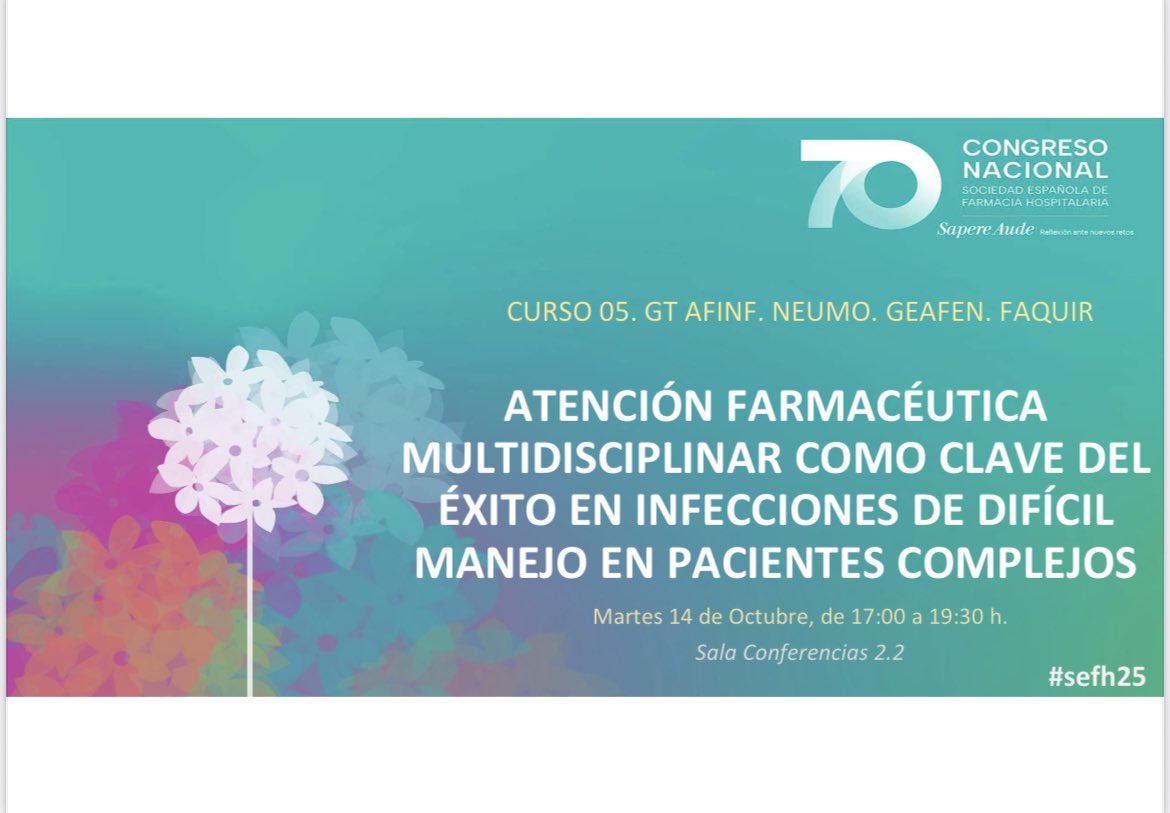 Curso atención farmacéutica multidisciplinar como clave del
Éxito de infecciones de difícil manejo en pacientes complejos. Tendrá lugar el 14 octubre de 17:00-19,30 pm. No te lo pierdas! <a href="/GrupoAFinf_SEFH/">GrupoAFinf_SEFH</a> <a href="/NEUMO_SEFH/">Grupo NEUMO</a> <a href="/GEAFEN_SEFH/">GEAFEN</a> <a href="/grupofaquirsefh/">Grupo FaQuir</a> #sefh25